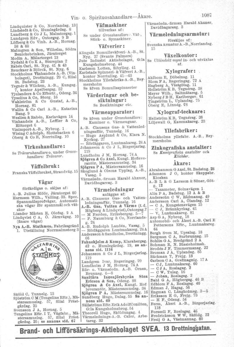 -B. (Vinbolaget), Drottningg. 29 C, filial St. Badssug. 23 Tegner&; Wilcken, A.-B., Kungsg. 7, kontor Apelbergsg. 52 Tjulanders & Co Ettertr., Odeng. 34 Tyselius &;.Co, Storg.