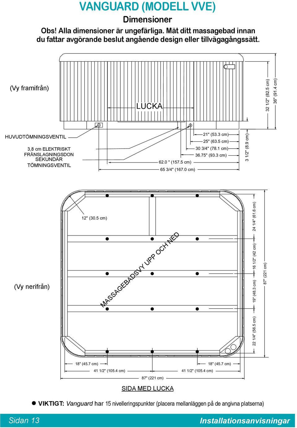 3 cm) 62.0 " (157.5 cm) 65 3/4" (167.0 cm) 3 1/2" (8.9 cm) (Vy nerifrån) 12" (30.5 cm) MASSAGEBADSVY UPP OCH NED 22 1/4" (56.5 cm) 19" (48.3 cm) 16 1/2" (42 cm) 24 1/4" (61.