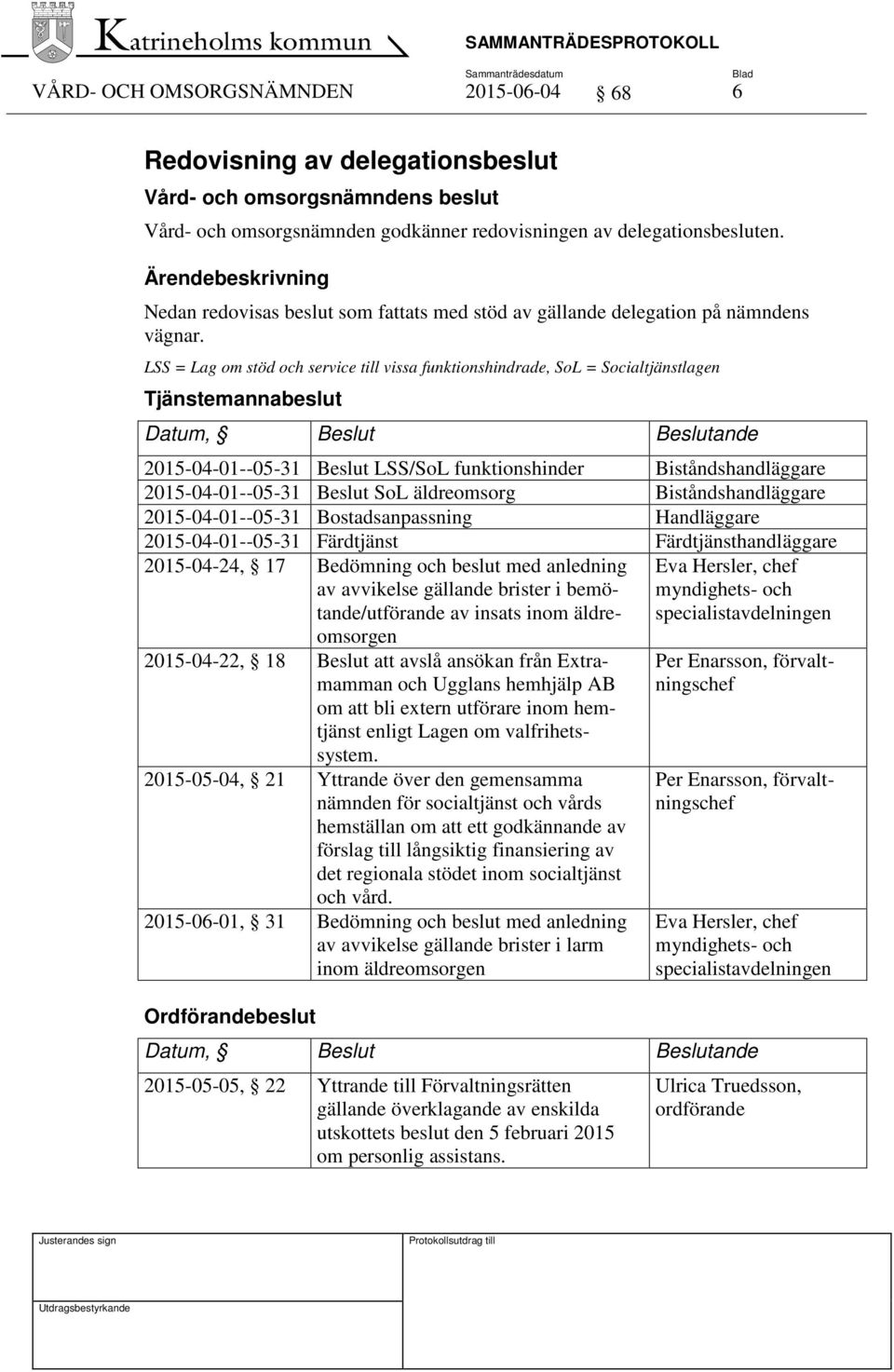 LSS = Lag om stöd och service till vissa funktionshindrade, SoL = Socialtjänstlagen Tjänstemannabeslut Datum, Beslut Beslutande 2015-04-01--05-31 Beslut LSS/SoL funktionshinder Biståndshandläggare