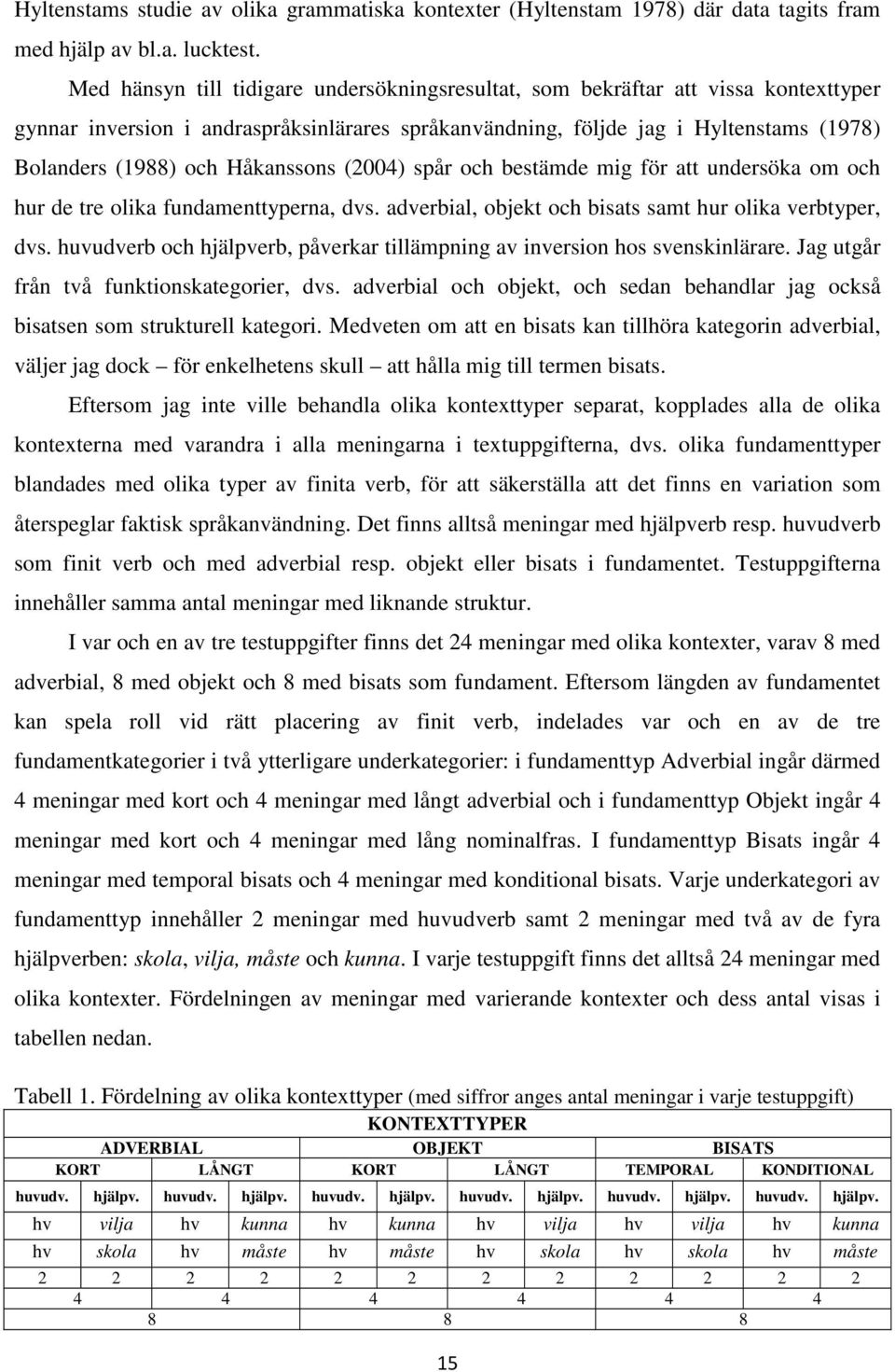 Håkanssons (2004) spår och bestämde mig för att undersöka om och hur de tre olika fundamenttyperna, dvs. adverbial, objekt och bisats samt hur olika verbtyper, dvs.