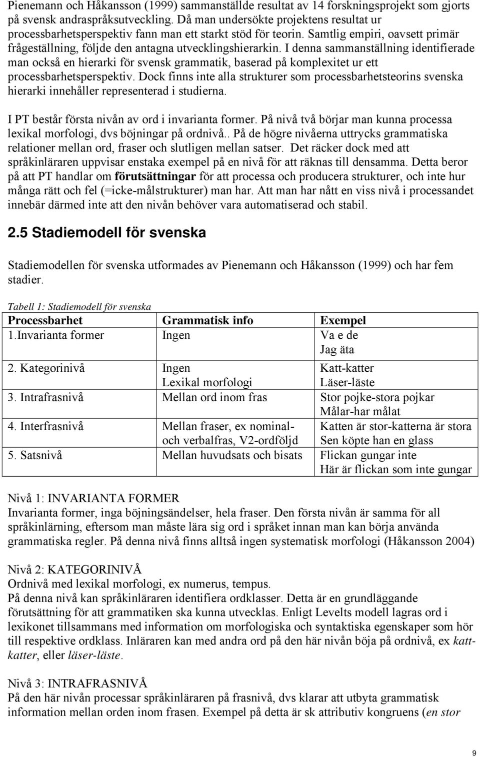 I denna sammanställning identifierade man också en hierarki för svensk grammatik, baserad på komplexitet ur ett processbarhetsperspektiv.