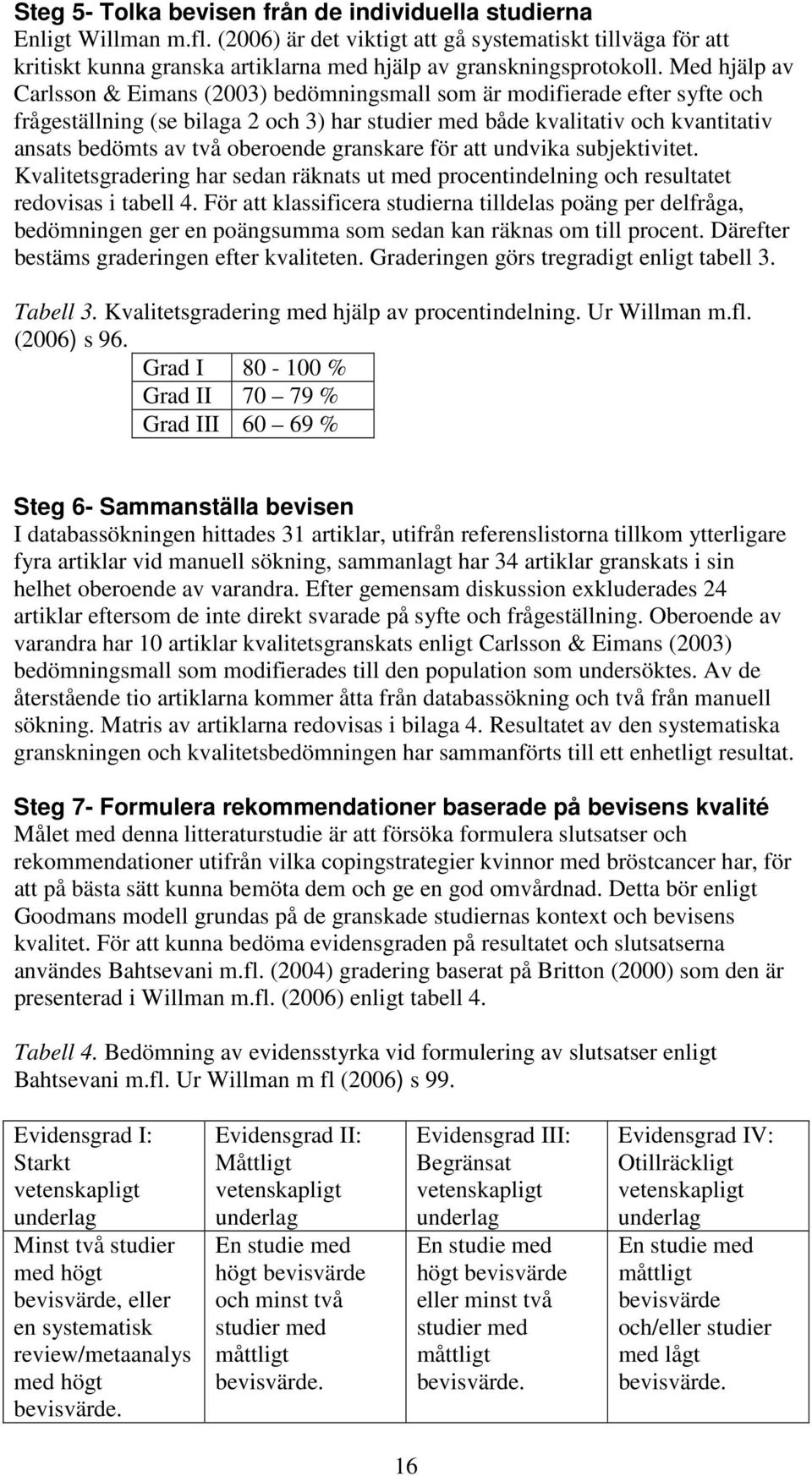 Med hjälp av Carlsson & Eimans (2003) bedömningsmall som är modifierade efter syfte och frågeställning (se bilaga 2 och 3) har studier med både kvalitativ och kvantitativ ansats bedömts av två