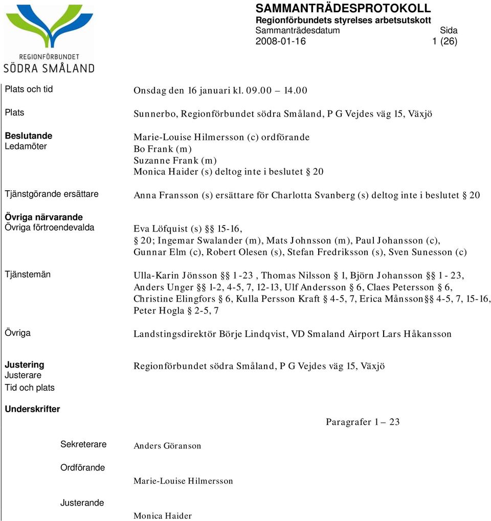 Tjänstgörande ersättare Anna Fransson (s) ersättare för Charlotta Svanberg (s) deltog inte i beslutet 20 Övriga närvarande Övriga förtroendevalda Eva Löfquist (s) 15-16, 20; Ingemar Swalander (m),