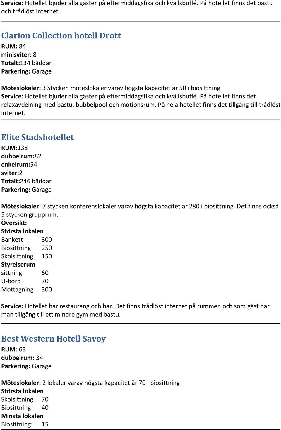 eftermiddagsfika och kvällsbuffé. På hotellet finns det relaxavdelning med bastu, bubbelpool och motionsrum. På hela hotellet finns det tillgång till trådlöst internet.