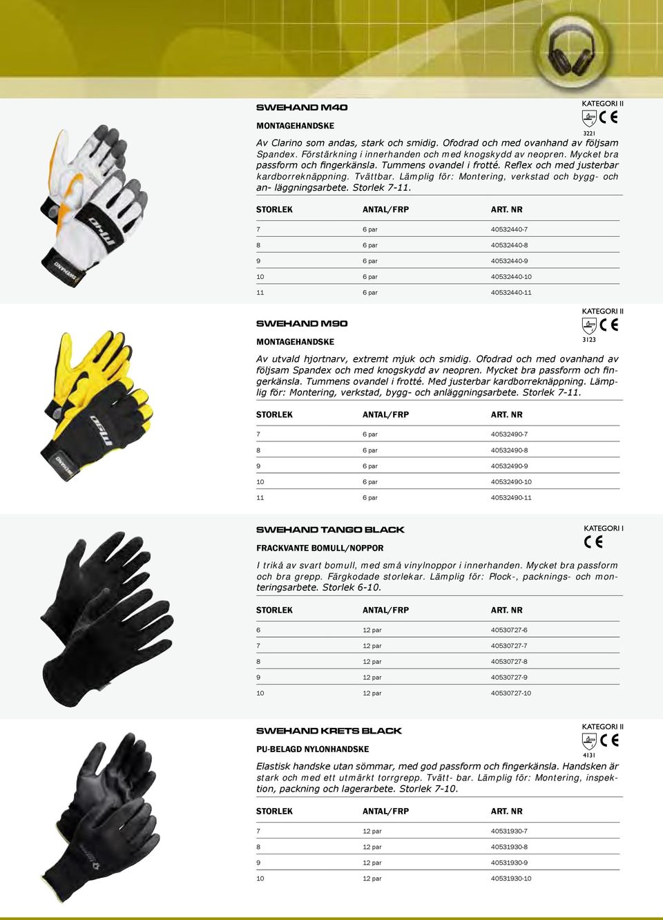 STORLEK ANTAL/FRP ART. NR 7 6 par 40532440-7 8 6 par 40532440-8 9 6 par 40532440-9 10 6 par 40532440-10 11 6 par 40532440-11 SWEHAND M90 MONTAGEHANDSKE Av utvald hjortnarv, extremt mjuk och smidig.