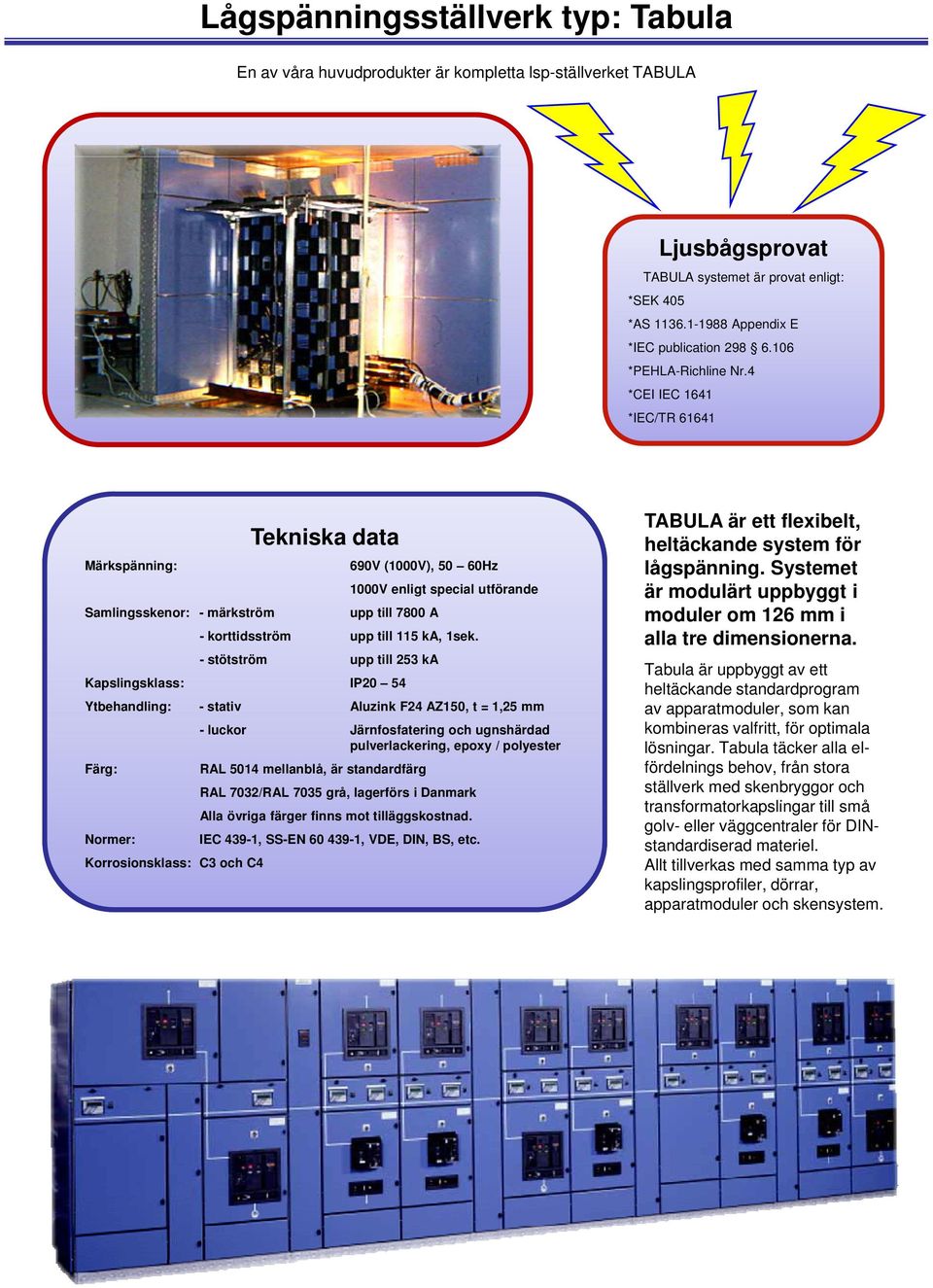 4 *CEI IEC 1641 *IEC/TR 61641 Märkspänning: Samlingsskenor: - märkström Tekniska data 690V (1000V), 50 60Hz 1000V enligt special utförande upp till 7800 A TABULA är ett flexibelt, heltäckande system