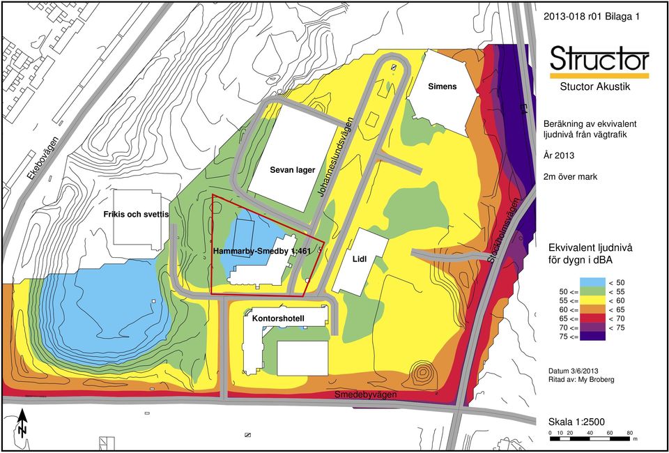 vägtrafik År 2013 2m över mark Ekvivalent ljudnivå för dygn i dba Kontorshotell <50 50 <= <55 55 <= <60 60