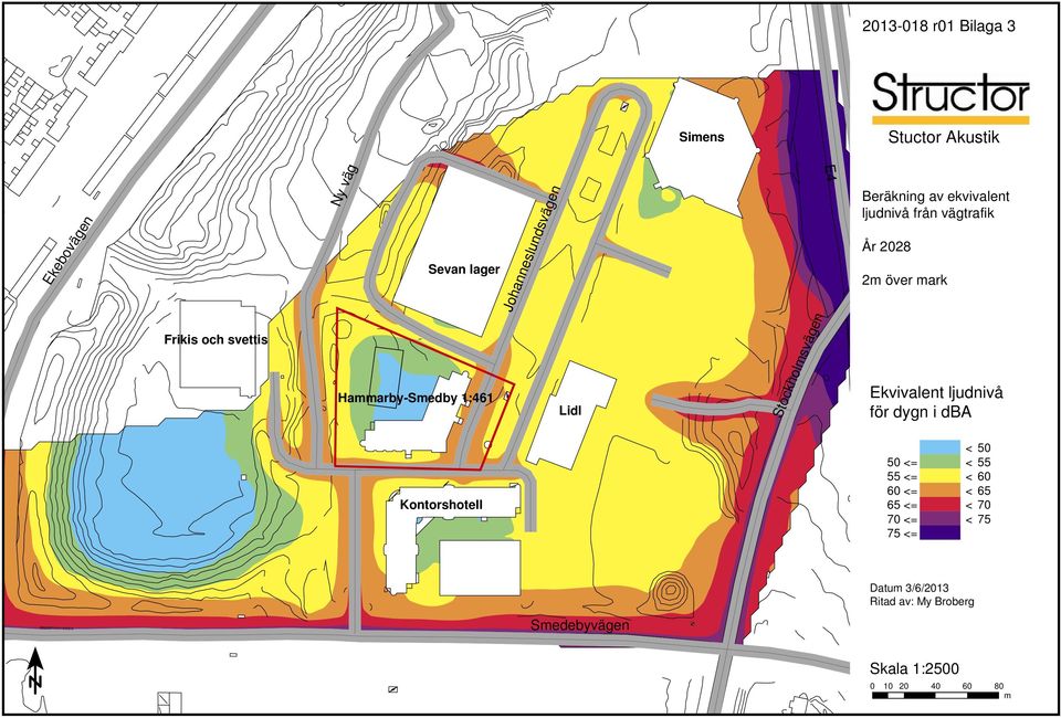 vägtrafik År 2028 2m över mark Ekvivalent ljudnivå för dygn i dba E4 Kontorshotell <50 50 <= <55 55 <= <60