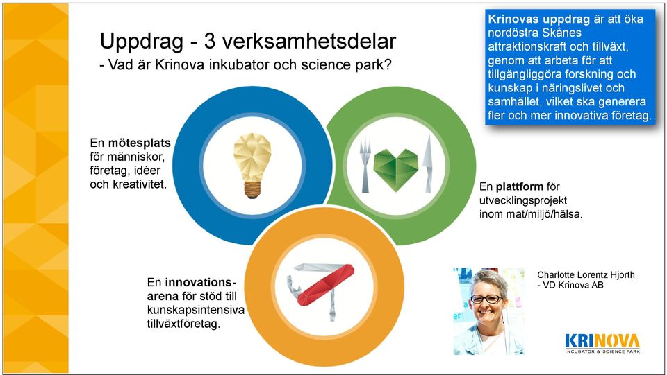 Krinovas uppdrag är att öka nordöstra Skånes attraktionskraft och tillväxt, genom att arbeta för att tillgängliggöra forskning och