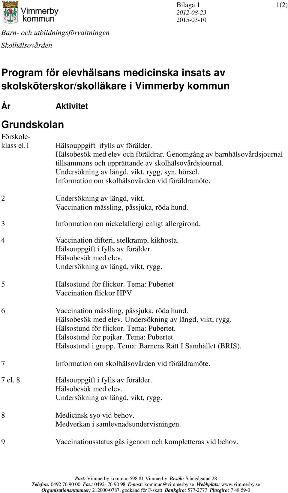 Undersökning av längd, vikt, rygg, syn, hörsel. Information om skolhälsovården vid föräldramöte. 2 Undersökning av längd, vikt. Vaccination mässling, påssjuka, röda hund.