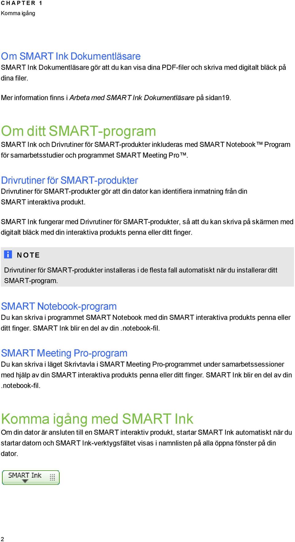 Om ditt SMART-proram SMART Ink och Drivrutiner för SMART-produkter inkluderas med SMART Notebook Proram för samarbetsstudier och prorammet SMART Meetin Pro.