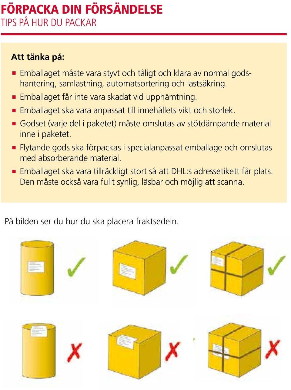 Godset (varje del i paketet) måste omslutas av stötdämpande material inne i paketet.