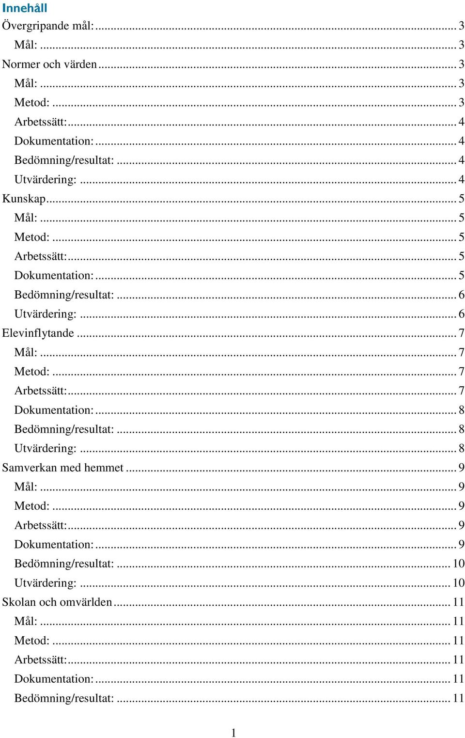 .. 7 Arbetssätt:... 7 Dokumentation:... 8 Bedömning/resultat:... 8 Utvärdering:... 8 Samverkan med hemmet... 9 Mål:... 9 Metod:... 9 Arbetssätt:... 9 Dokumentation:.