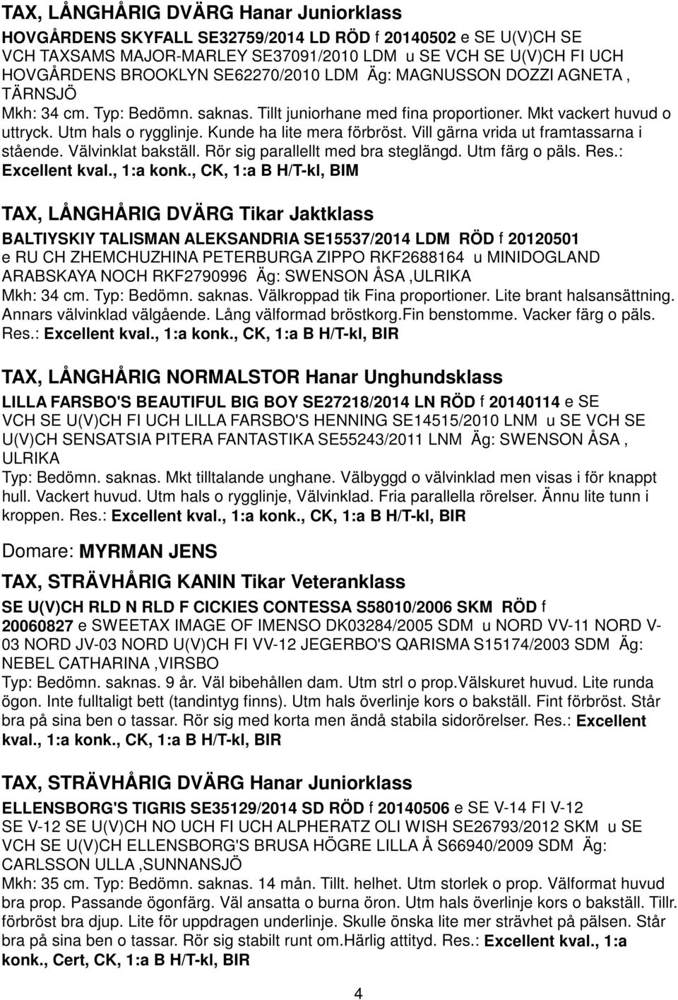 Kunde ha lite mera förbröst. Vill gärna vrida ut framtassarna i stående. Välvinklat bakställ. Rör sig parallellt med bra steglängd. Utm färg o päls. Res.: Excellent kval., 1:a konk.