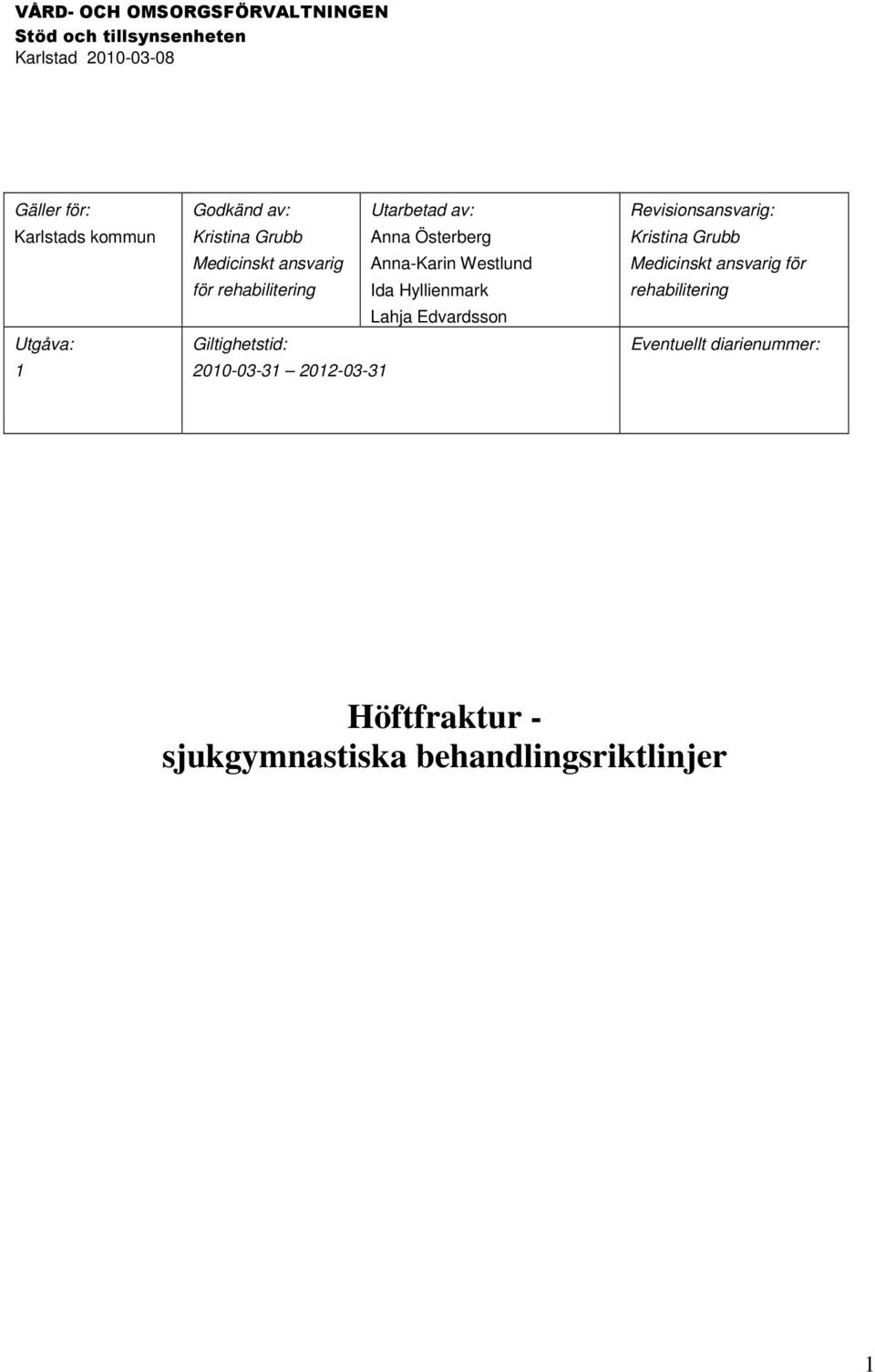 rehabilitering Ida Hyllienmark Lahja Edvardsson Giltighetstid: 2010-03-31 2012-03-31 Revisionsansvarig: Kristina