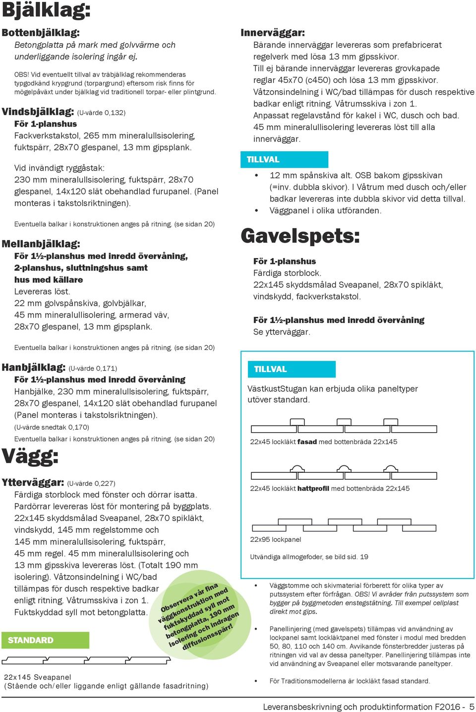 Vindsbjälklag: (U-värde 0,132) För 1-planshus Fackverkstakstol, 265 mm mineralullsisolering, fuktspärr, 28x70 glespanel, 13 mm gipsplank.