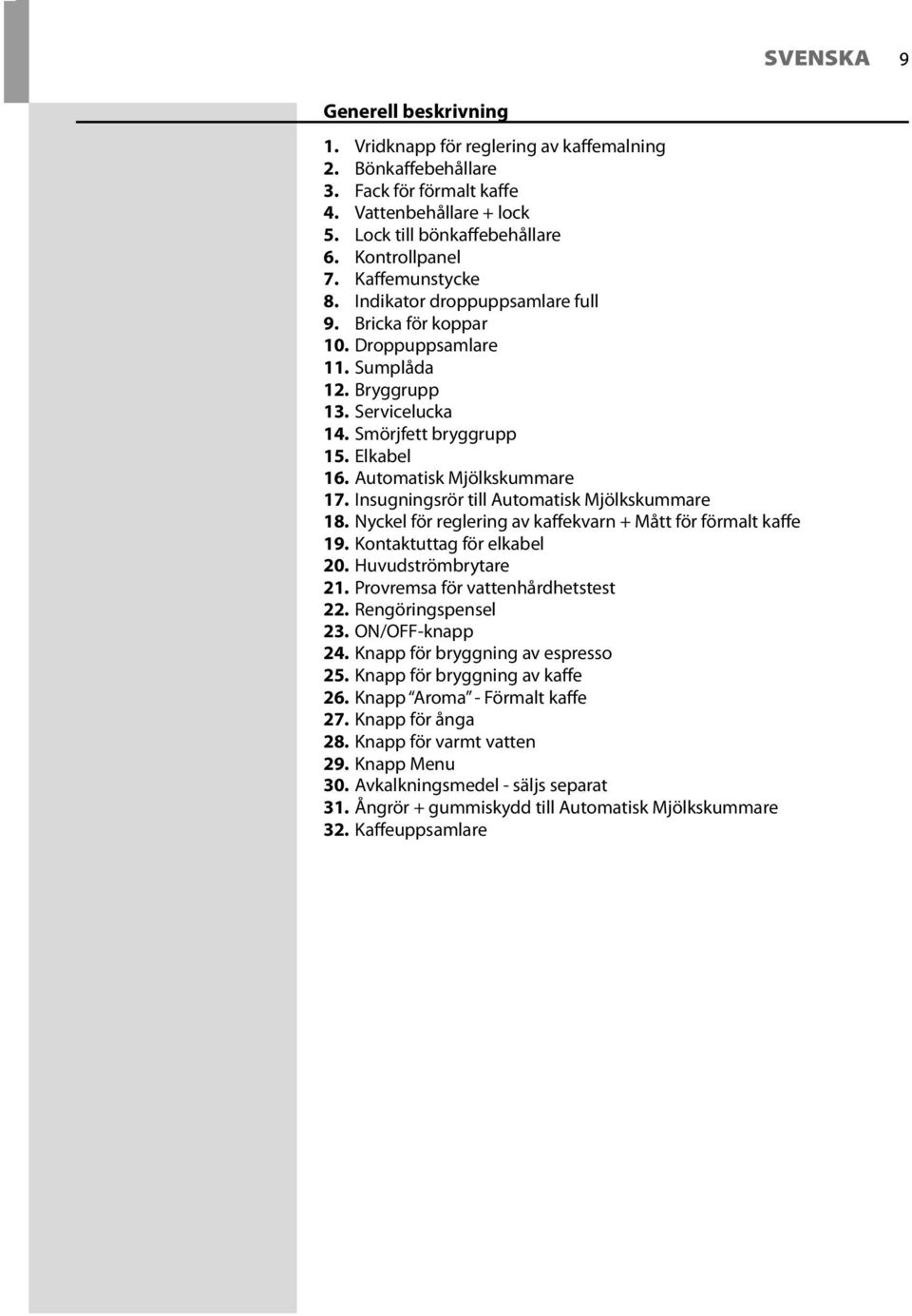 Automatisk Mjölkskummare 17. Insugningsrör till Automatisk Mjölkskummare 18. Nyckel för reglering av kaffekvarn + Mått för förmalt kaffe 19. Kontaktuttag för elkabel 20. Huvudströmbrytare 21.