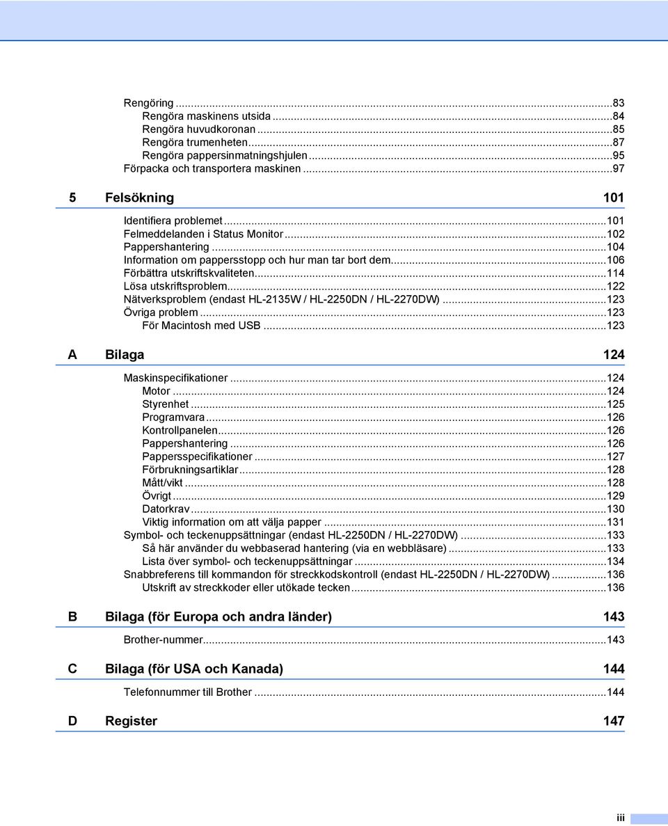 ..114 Lösa utskriftsproblem...122 Nätverksproblem (endast HL-2135W / HL-2250DN / HL-2270DW)...123 Övriga problem...123 För Macintosh med USB...123 A Bilaga 124 Maskinspecifikationer...124 Motor.