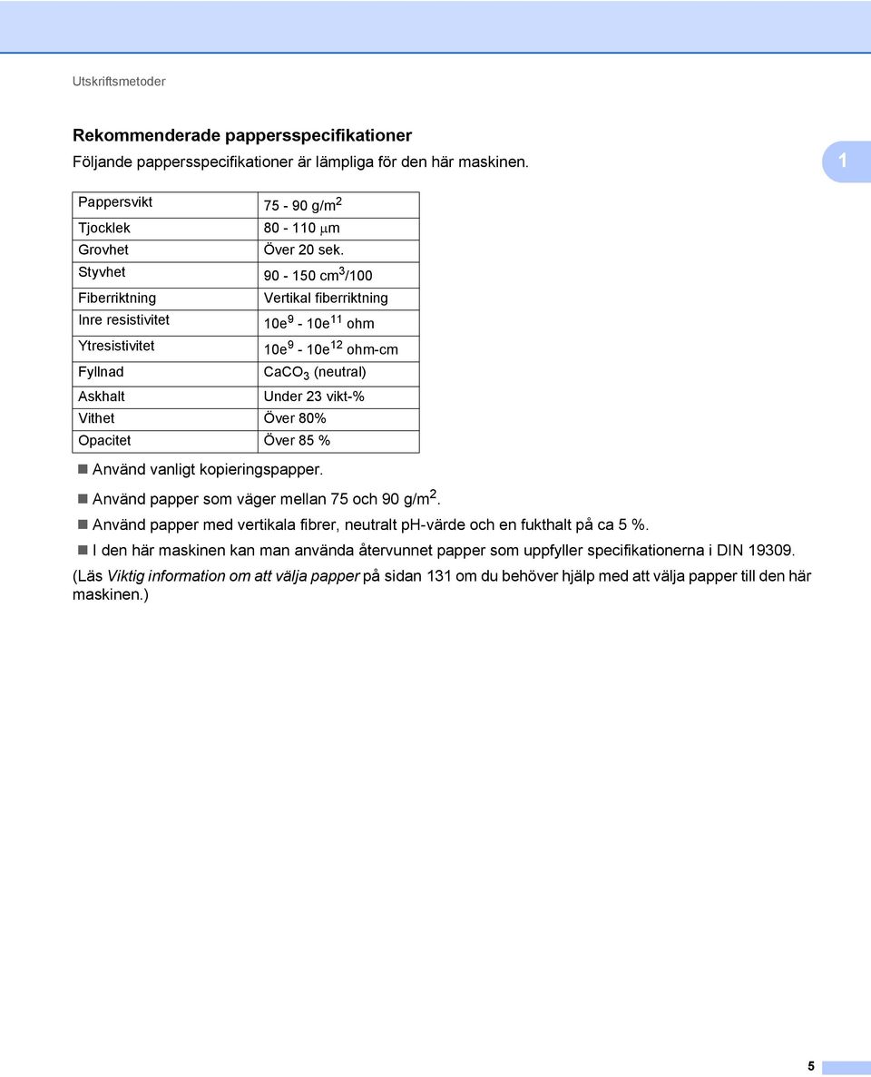 Opacitet Över 85 % Använd vanligt kopieringspapper. Använd papper som väger mellan 75 och 90 g/m 2. Använd papper med vertikala fibrer, neutralt ph-värde och en fukthalt på ca 5 %.