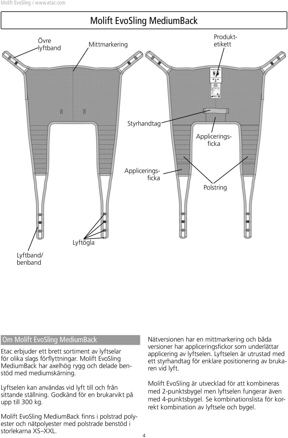 com Övre lyftband Molift EvoSling MediumBack Mittmarkering Produktetikett Molift EvoSling M Styrhandtag Appliceringsficka Appliceringsficka Polstring Lyftögla Lyftband/ benband Om Molift EvoSling