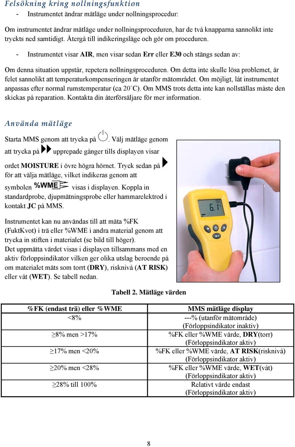 Om detta inte skulle lösa problemet, är felet sannolikt att temperaturkompenseringen är utanför mätområdet. Om möjligt, låt instrumentet anpassas efter normal rumstemperatur (ca 20 C).