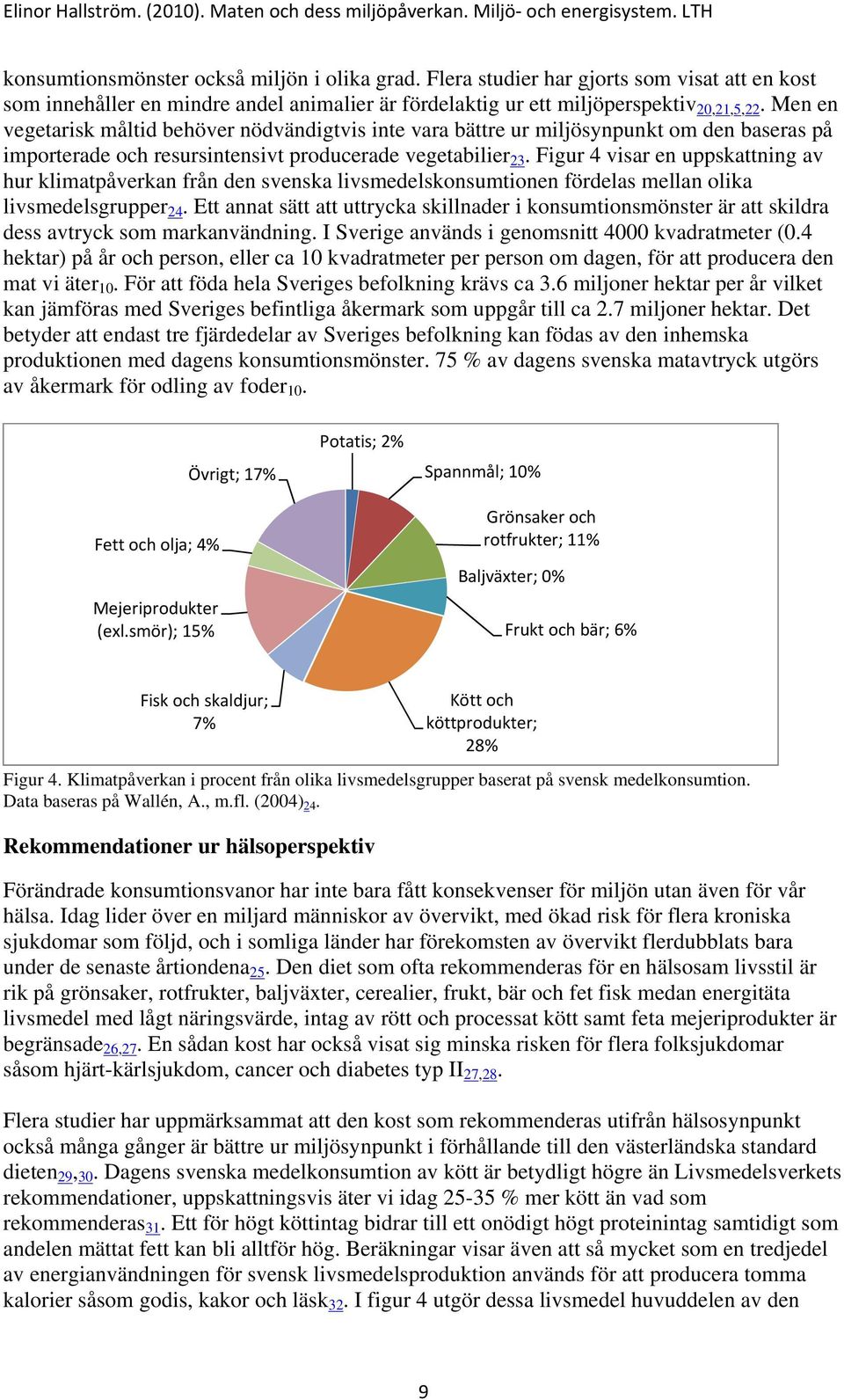 Figur 4 visar en uppskattning av hur klimatpåverkan från den svenska livsmedelskonsumtionen fördelas mellan olika livsmedelsgrupper 24.