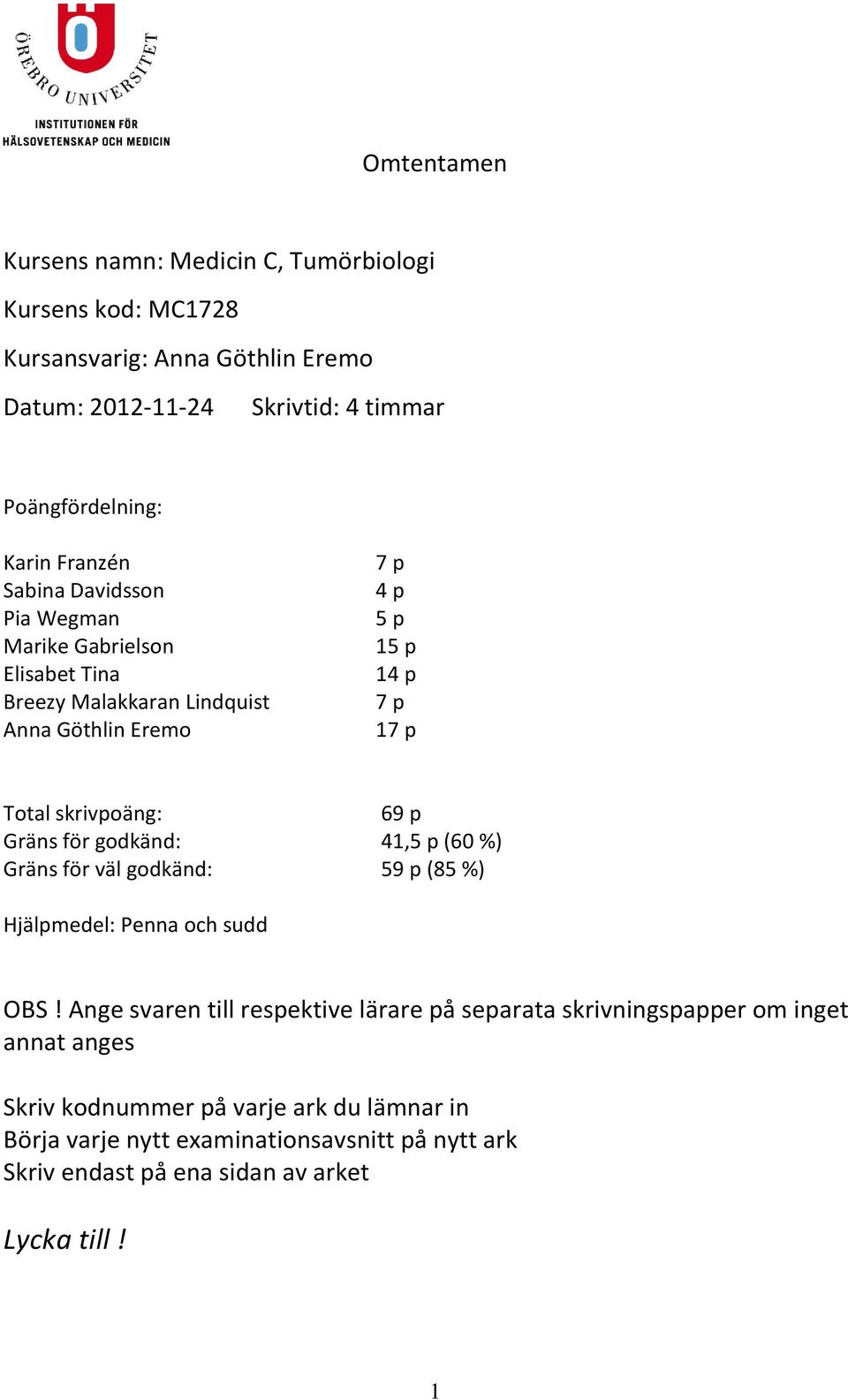 69 p Gräns för godkänd: 41,5 p (60 %) Gräns för väl godkänd: 59 p (85 %) Hjälpmedel: Penna och sudd OBS!