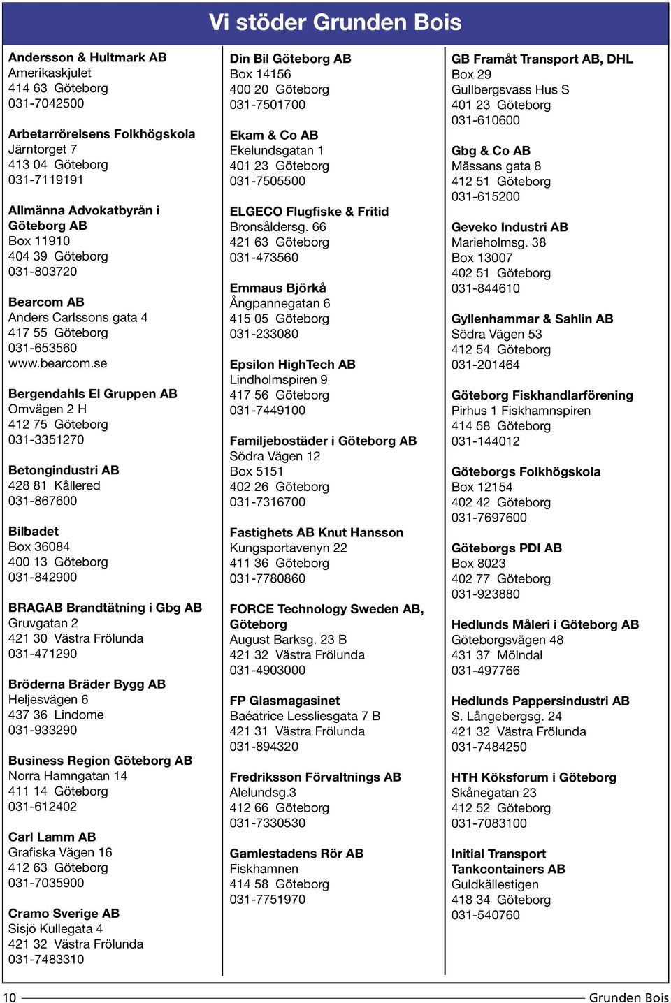 se Bergendahls El Gruppen AB Omvägen 2 H 412 75 Göteborg 031-3351270 Betongindustri AB 428 81 Kållered 031-867600 Bilbadet Box 36084 400 13 Göteborg 031-842900 BRAGAB Brandtätning i Gbg AB Gruvgatan