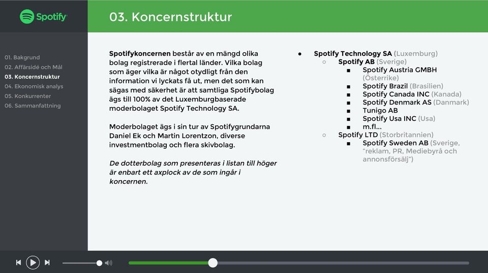 Spotify Technology SA. Moderbolaget ägs i sin tur av Spotifygrundarna Daniel Ek och Martin Lorentzon, diverse investmentbolag och flera skivbolag.