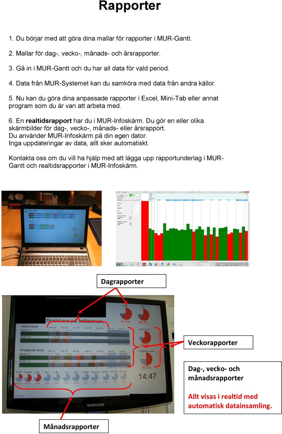 En realtidsrapport har du i MUR-Infoskärm. Du gör en eller olika skärmbilder för dag-, vecko-, månads- eller årsrapport. Du använder MUR-Infoskärm på din egen dator.