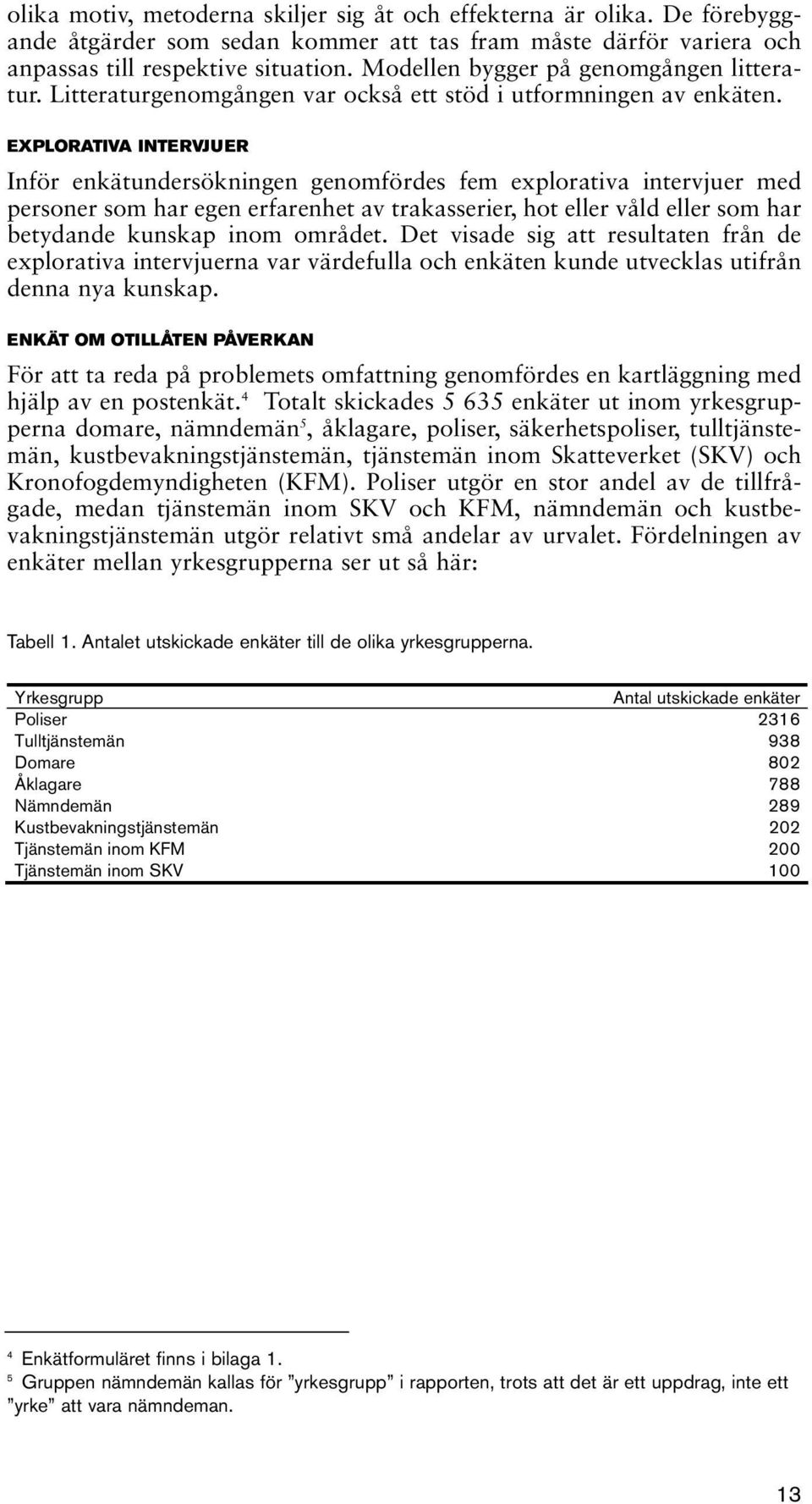 EXPLORATIVA INTERVJUER Inför enkätundersökningen genomfördes fem explorativa intervjuer med personer som har egen erfarenhet av trakasserier, hot eller våld eller som har betydande kunskap inom