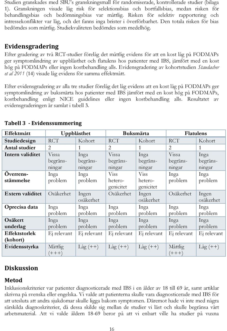 Risken för selektiv rapportering och intressekonflikter var låg, och det fanns inga brister i överförbarhet. Den totala risken för bias bedömdes som måttlig. Studiekvaliteten bedömdes som medelhög.