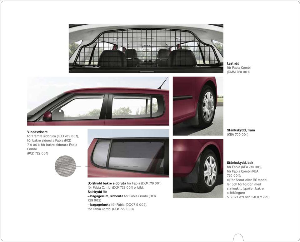 bagagerum, sidoruta för Fabia Combi (DCK 729 002) bagagelucka för Fabia (DCK 719 002), för Fabia Combi (DCK 729 003) Stänkskydd, bak för Fabia (KEA 710