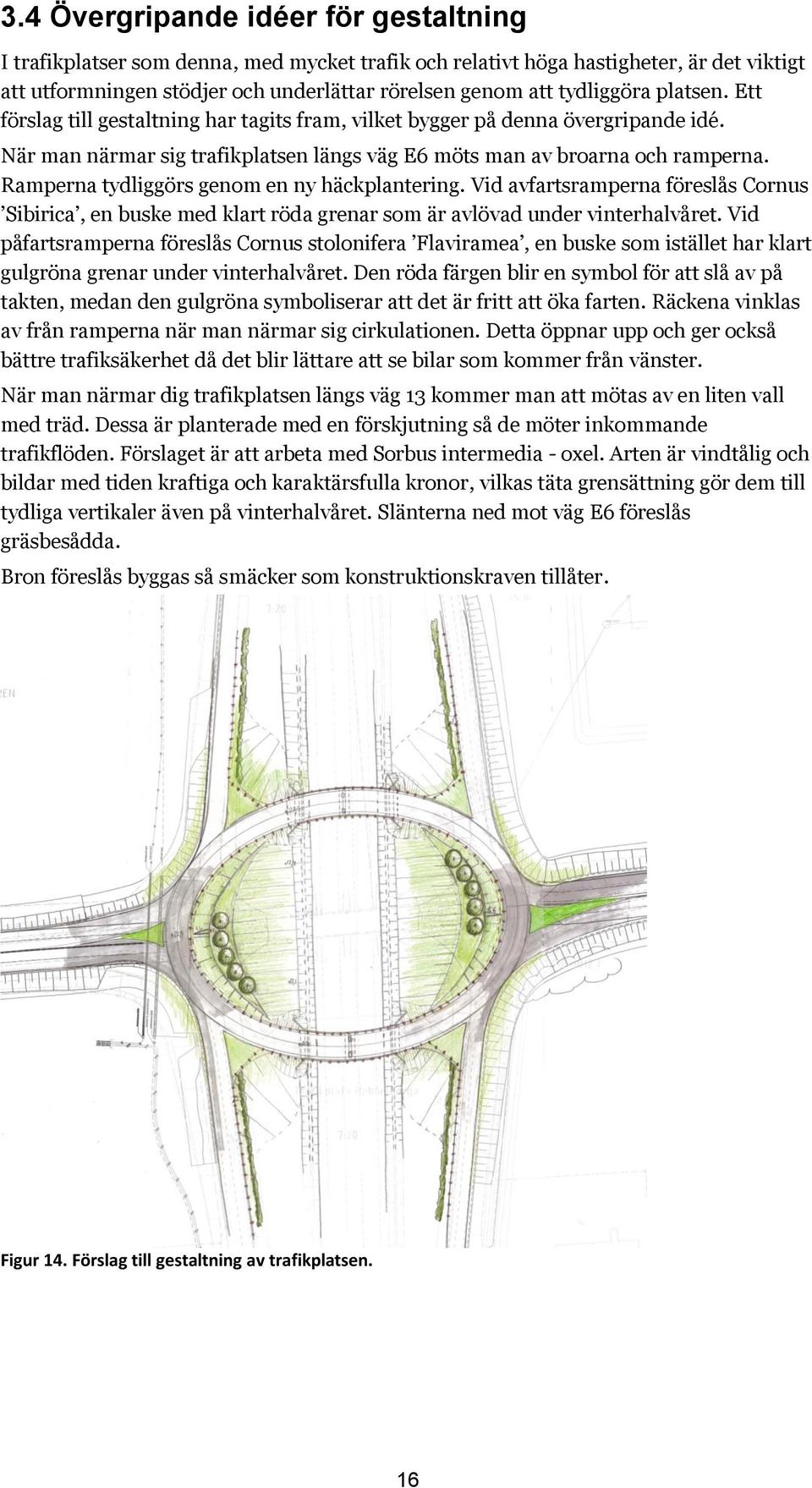 Ramperna tydliggörs genom en ny häckplantering. Vid avfartsramperna föreslås Cornus Sibirica, en buske med klart röda grenar som är avlövad under vinterhalvåret.