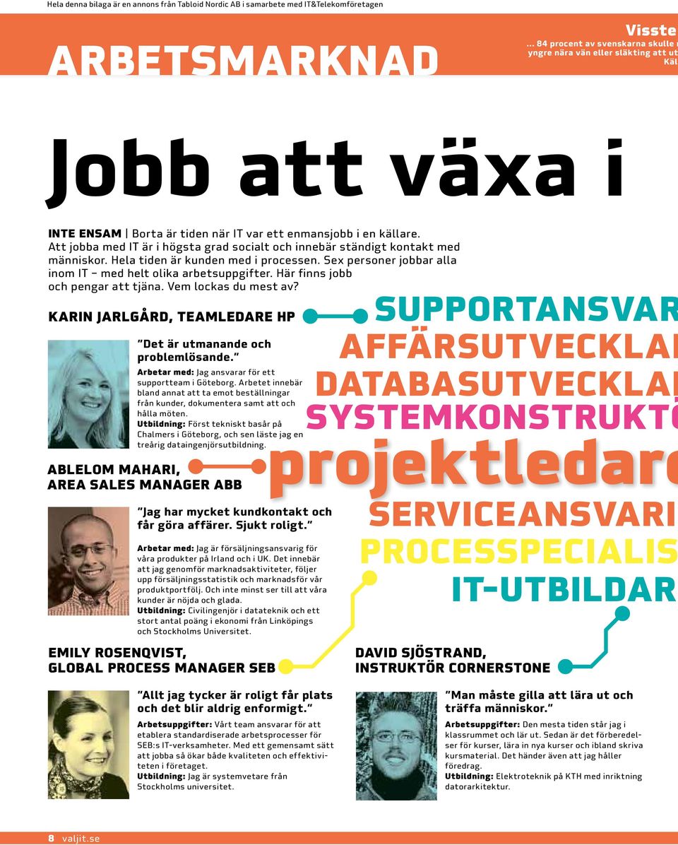 Här finns jobb och pengar att tjäna. Vem lockas du mest av? KARIN JARLGÅRD, TEAMLEDARE HP Det är utmanande och problemlösande. Arbetar med: Jag ansvarar för ett supportteam i Göteborg.