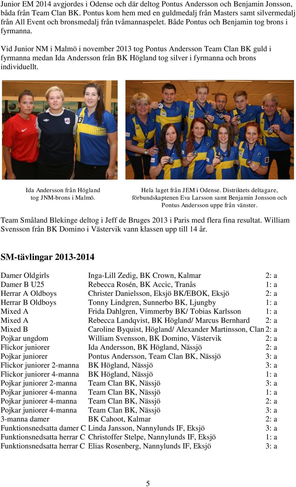 Vid Junior NM i Malmö i november 2013 tog Pontus Andersson Team Clan BK guld i fyrmanna medan Ida Andersson från BK Högland tog silver i fyrmanna och brons individuellt.