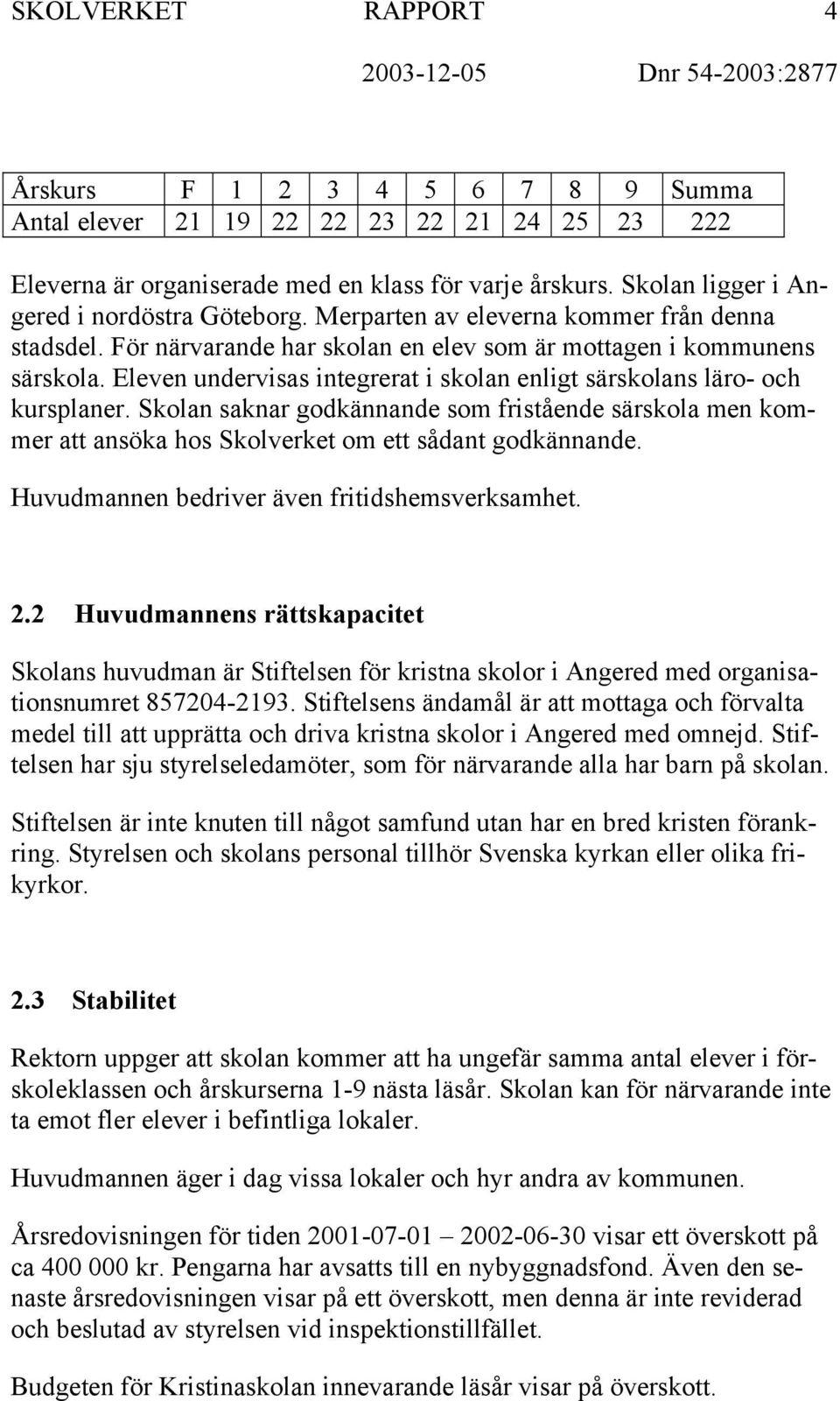 Eleven undervisas integrerat i skolan enligt särskolans läro- och kursplaner. Skolan saknar godkännande som fristående särskola men kommer att ansöka hos Skolverket om ett sådant godkännande.