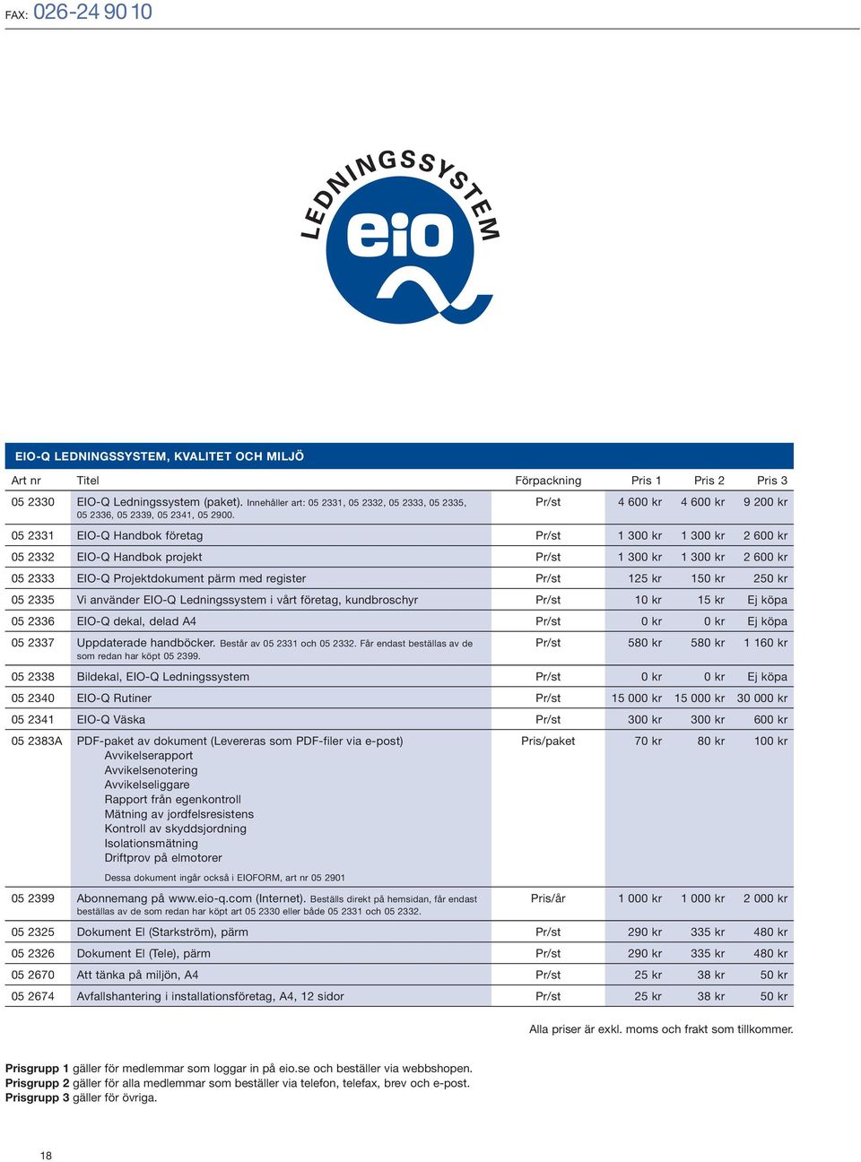 05 2331 EIO-Q Handbok företag Pr/st 1 300 kr 1 300 kr 2 600 kr 05 2332 EIO-Q Handbok projekt Pr/st 1 300 kr 1 300 kr 2 600 kr 05 2333 EIO-Q Projektdokument pärm med register Pr/st 125 kr 150 kr 250