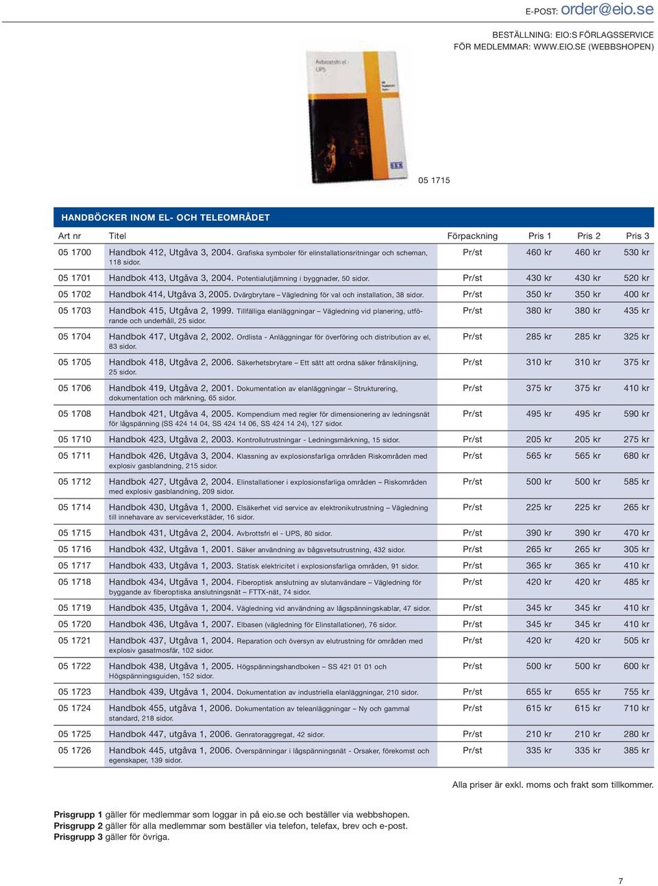 Pr/st 430 kr 430 kr 520 kr 05 1702 Handbok 414, Utgåva 3, 2005. Dvärgbrytare Vägledning för val och installation, 38 sidor. Pr/st 350 kr 350 kr 400 kr 05 1703 Handbok 415, Utgåva 2, 1999.