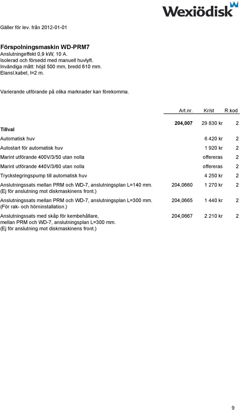 kod 204,007 29 830 kr 2 Automatisk huv 6 420 kr 2 Autostart för automatisk huv 1 920 kr 2 Marint utförande 400V/3/50 utan nolla offereras 2 Marint utförande 440V/3/60 utan nolla offereras 2