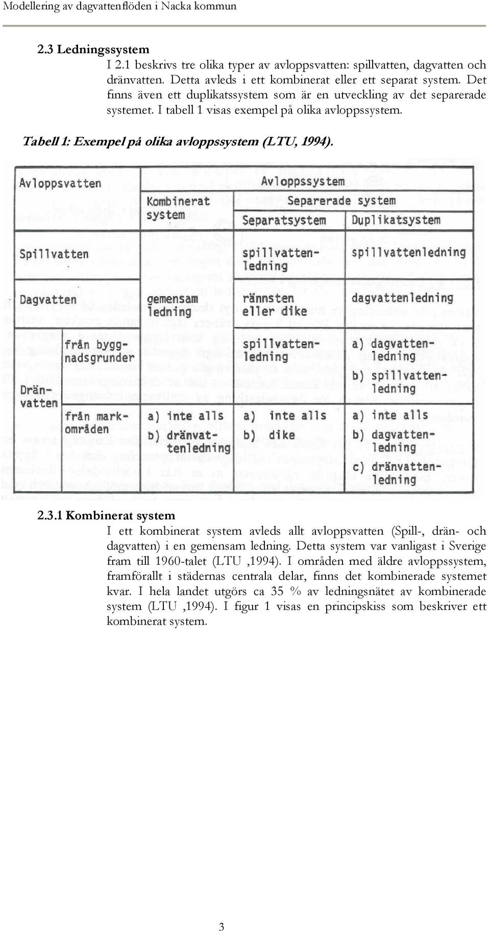 Tabell 1: Exempel på olika avloppssystem (LTU, 1994). 2.3.1 Kombinerat system I ett kombinerat system avleds allt avloppsvatten (Spill-, drän- och dagvatten) i en gemensam ledning.