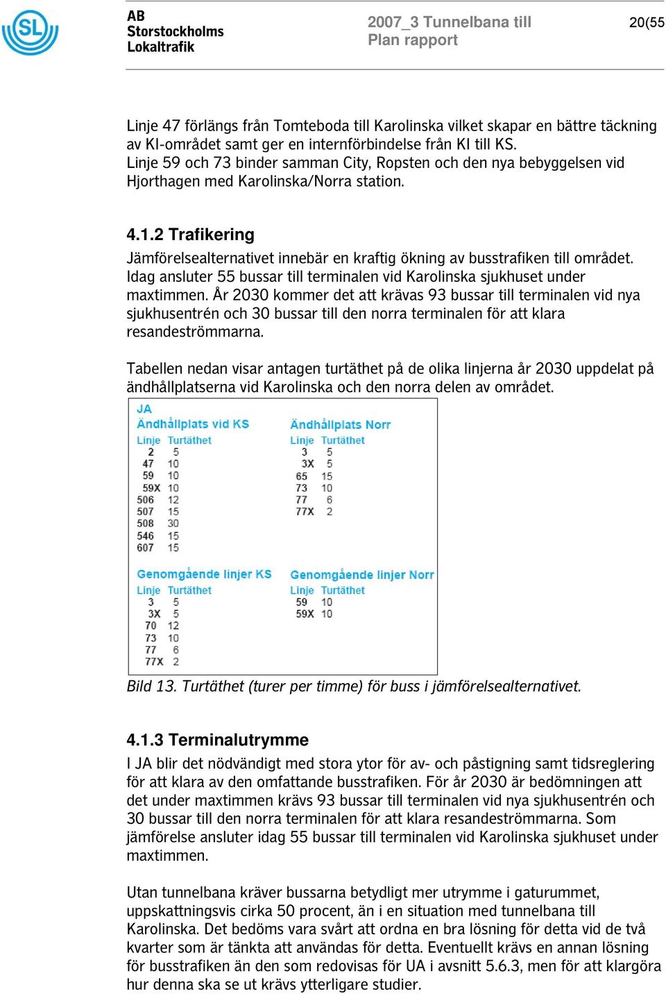 2 Trafikering Jämförelsealternativet innebär en kraftig ökning av busstrafiken till området. Idag ansluter 55 bussar till terminalen vid Karolinska sjukhuset under maxtimmen.