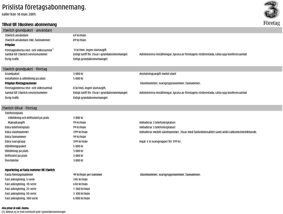 inställningar, lyssna av företagets röstbrevlåda, sätta upp konferessamtal Övrig trafik Enligt grundabonnemanget 3Switch grundpaket - företag Grundpaket Anslutningsavgift mobil växel Installation &