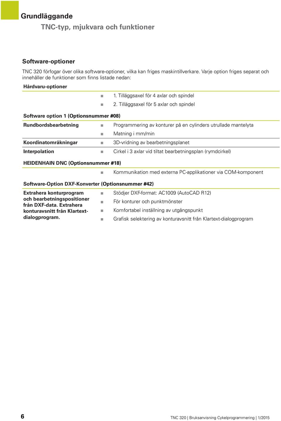 Tilläggsaxel för 5 axlar och spindel Software option 1 (Optionsnummer #08) Programmering av konturer på en cylinders utrullade mantelyta Matning i mm/min Koordinatomräkningar 3D-vridning av