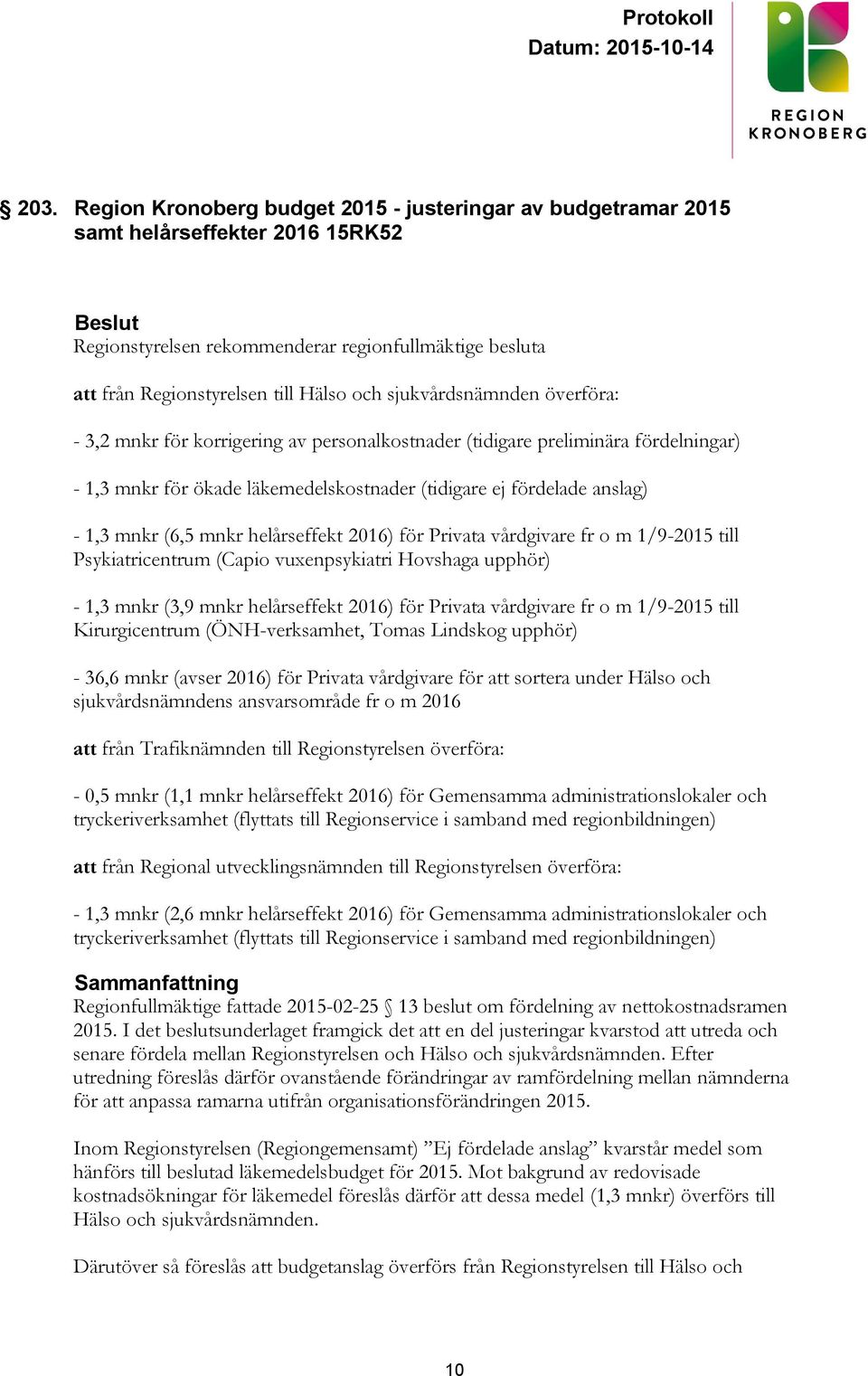 (6,5 mnkr helårseffekt 2016) för Privata vårdgivare fr o m 1/9-2015 till Psykiatricentrum (Capio vuxenpsykiatri Hovshaga upphör) - 1,3 mnkr (3,9 mnkr helårseffekt 2016) för Privata vårdgivare fr o m