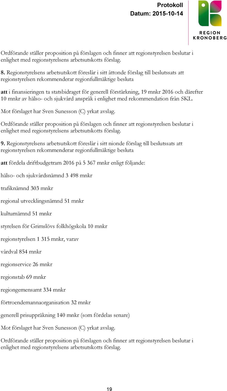 förstärkning, 19 mnkr 2016 och därefter 10 mnkr av hälso- och sjukvård anspråk i enlighet med rekommendation från SKL. Mot förslaget har Sven Sunesson (C) yrkat avslag.