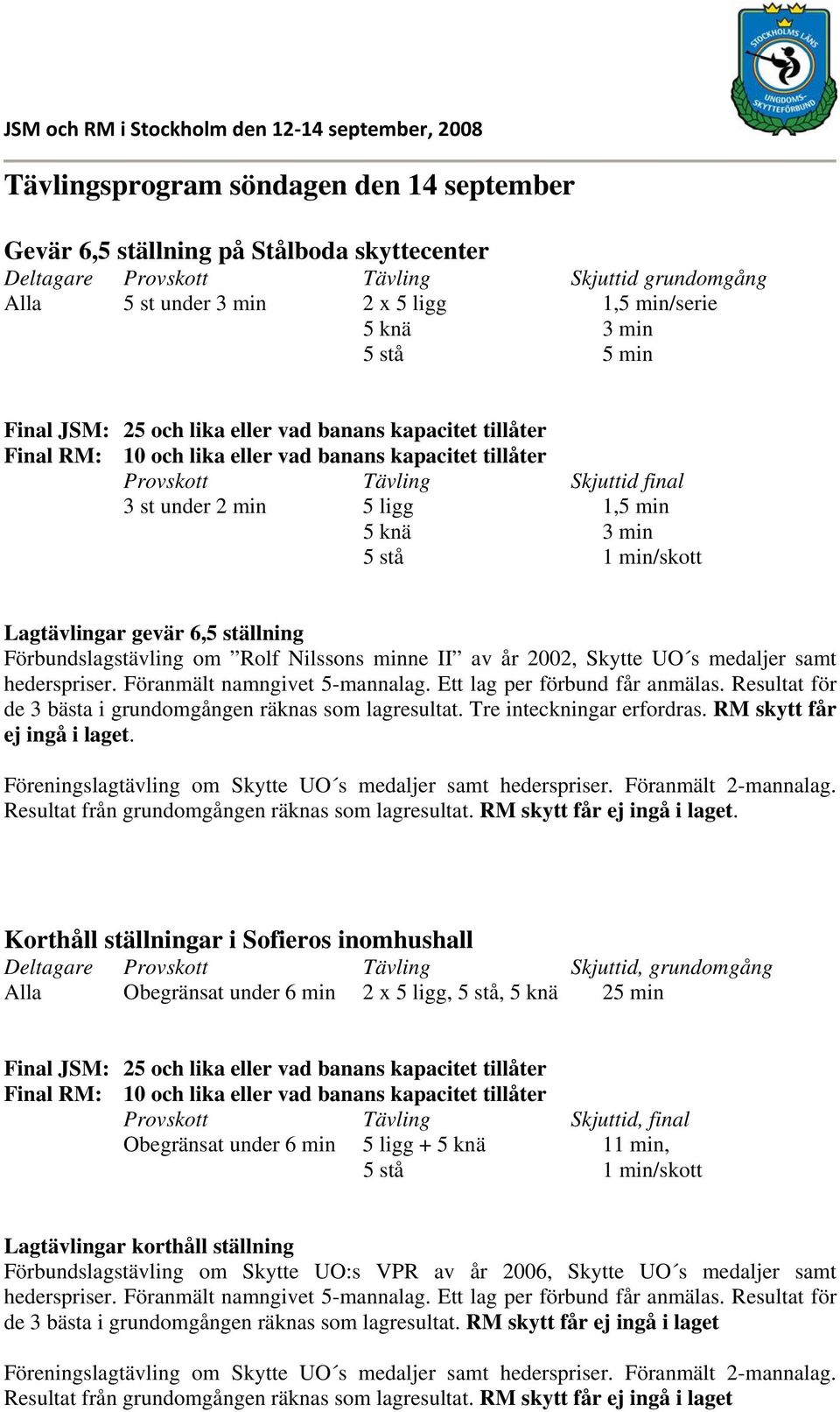 min 5 stå 1 min/skott Lagtävlingar gevär 6,5 ställning Förbundslagstävling om Rolf Nilssons minne II av år 2002, Skytte UO s medaljer samt hederspriser. Föranmält namngivet 5-mannalag.