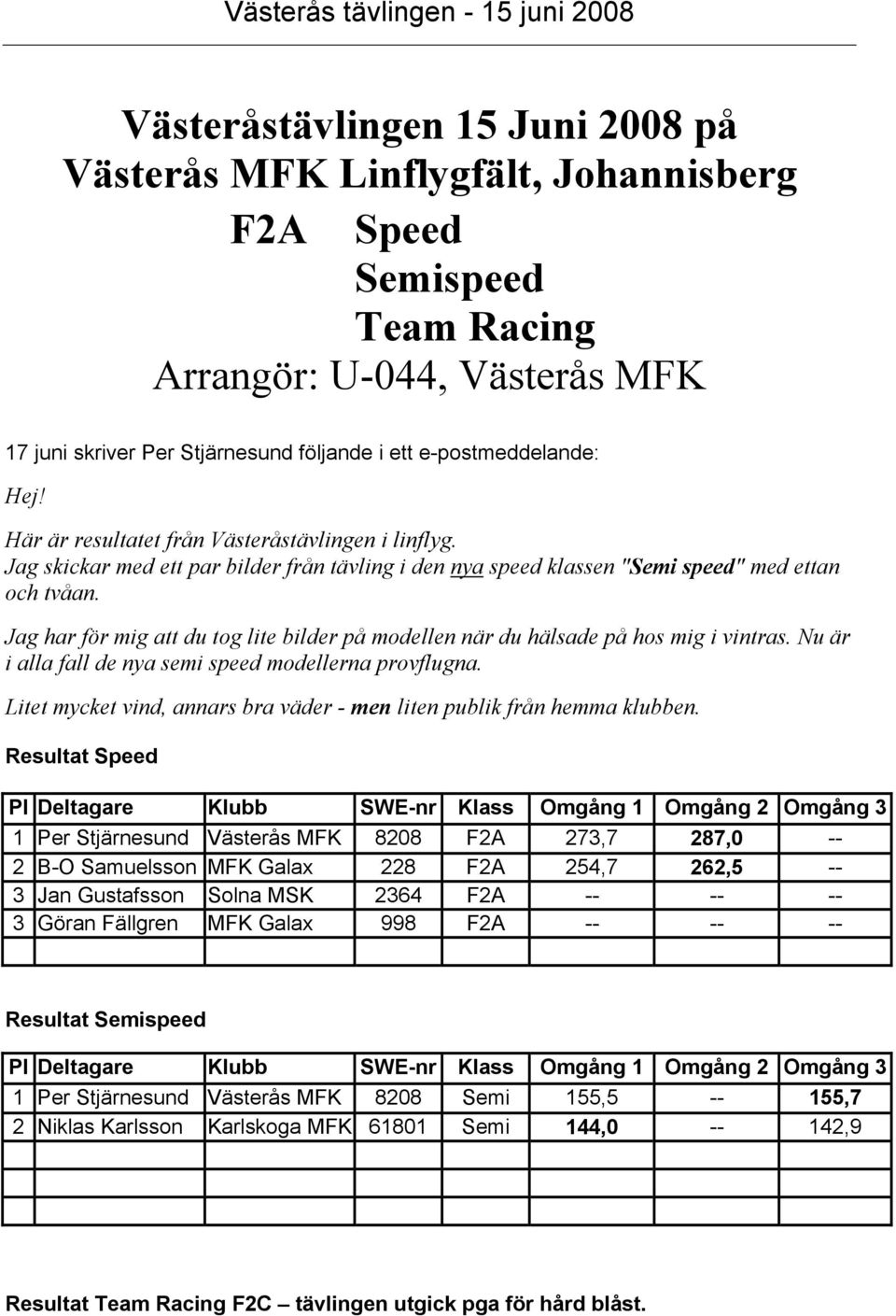 Jag skickar med ett par bilder från tävling i den nya speed klassen "Semi speed" med ettan och tvåan. Jag har för mig att du tog lite bilder på modellen när du hälsade på hos mig i vintras.