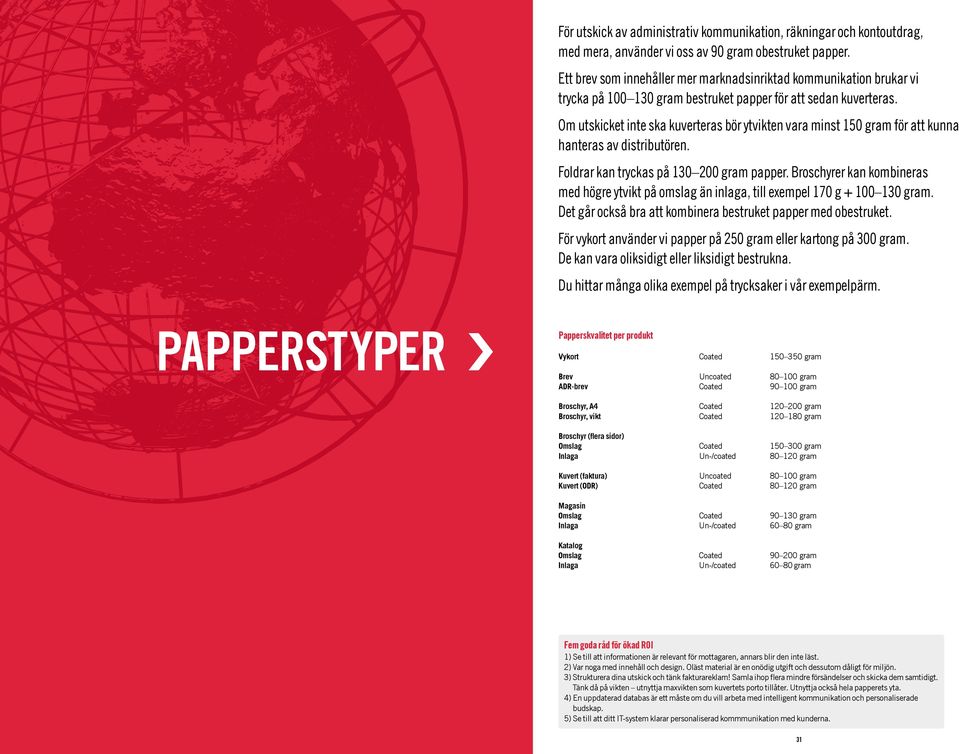 Om utskicket inte ska kuverteras bör ytvikten vara minst 150 gram för att kunna hanteras av distributören. Foldrar kan tryckas på 130 200 gram papper.