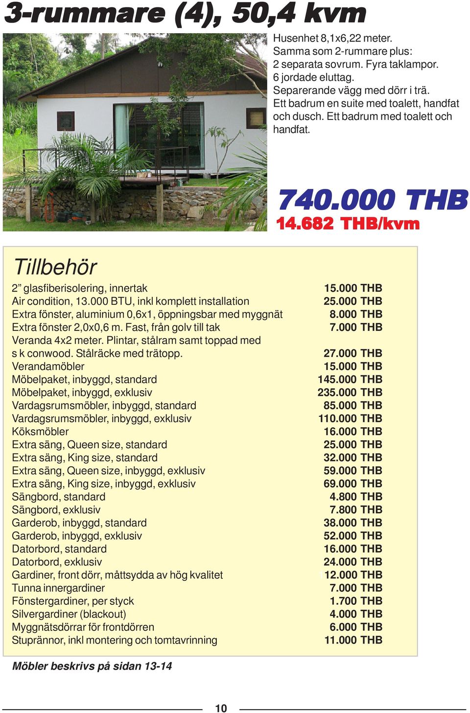 000 BTU, inkl komplett installation 25.000 THB Extra fönster, aluminium 0,6x1, öppningsbar med myggnät Extra fönster 2,0x0,6 m. Fast, från golv till tak Veranda 4x2 meter.